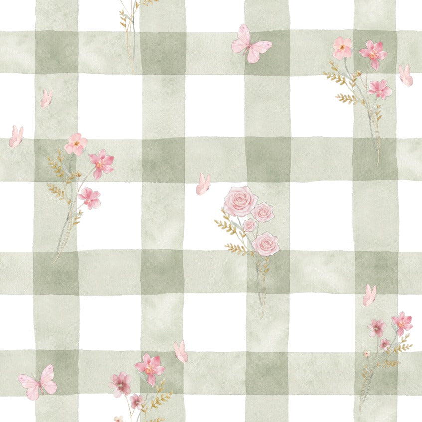 Infantil Vichy Verde com Flores e Borboletas Aquarela