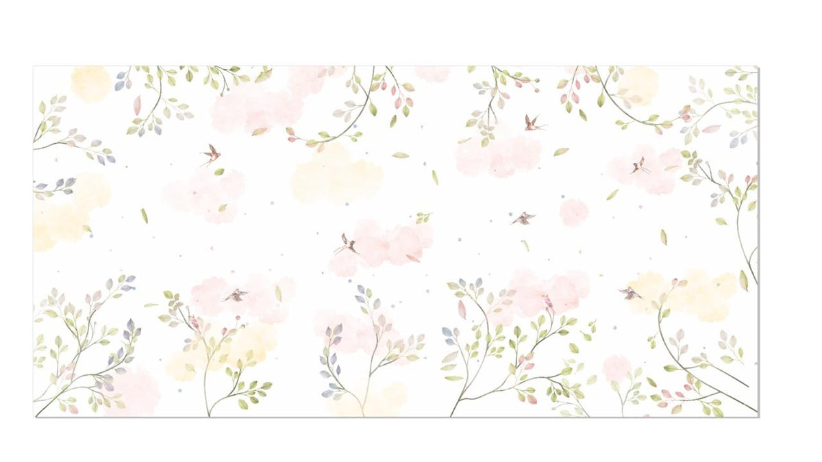 Painel de Parede Ramos Foliados e Pássaros Aquarela Nuvens Suaves