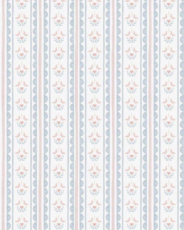Papel de Parede Listrado Folk Borboletas Azul e Rosa