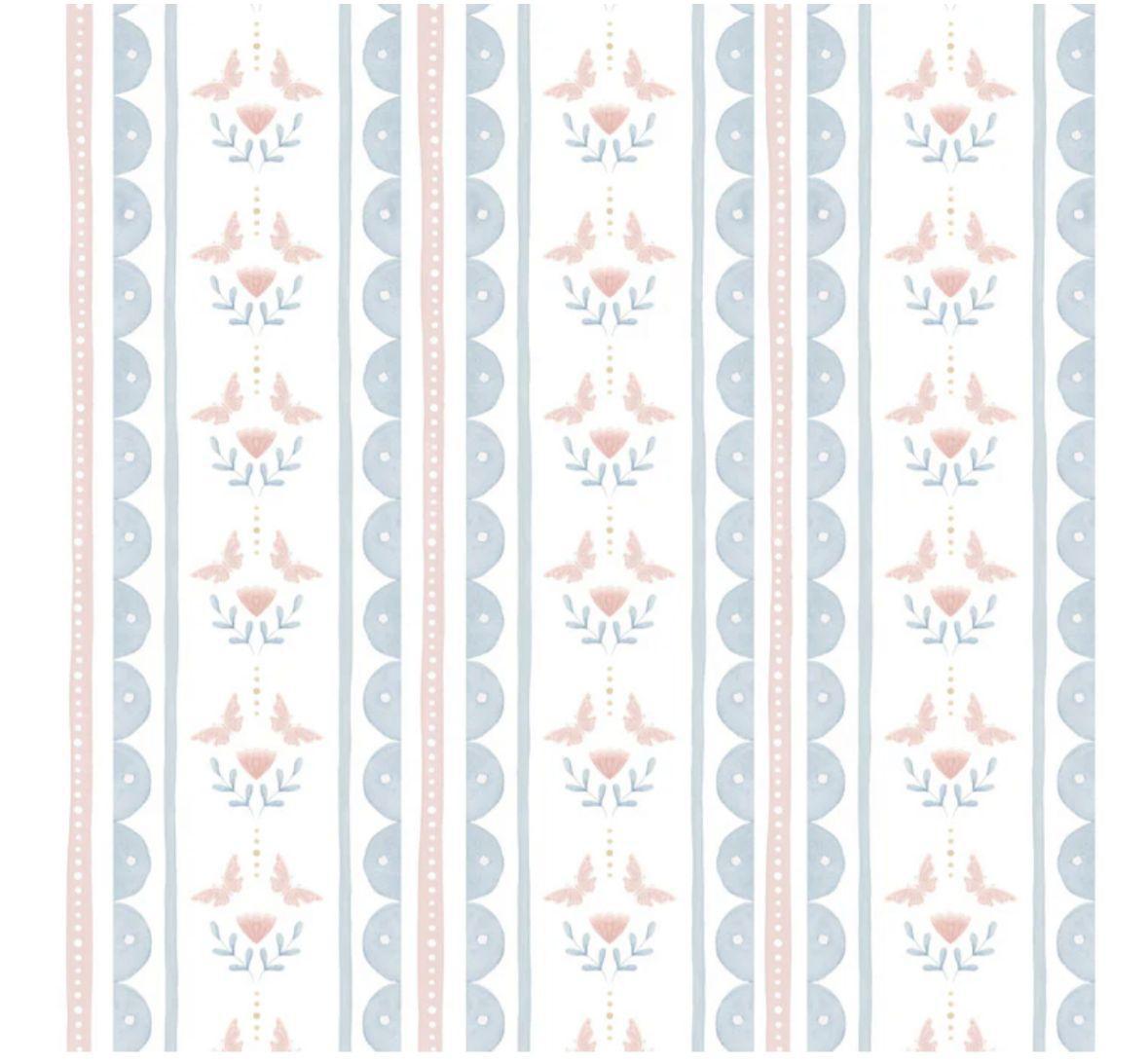 Papel de Parede Listrado Simétrico Borboletas e Festonê Aquarela Azul e Rosa