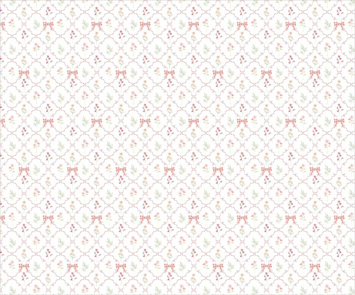 Papel de Parede Treliça de Fitas Rosa com Mini Laços e Flores