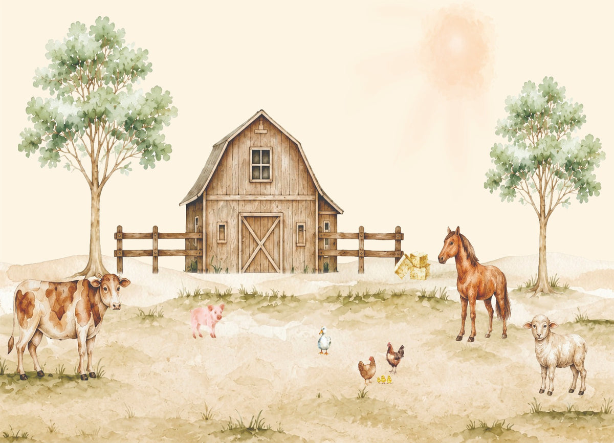 Papel de Parede infantil fazendinha aquarela ilustrada