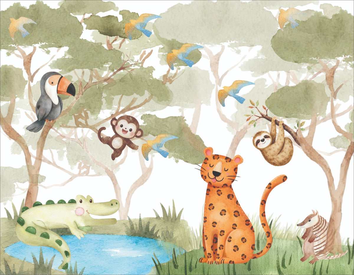 Papel de Parede infantil floresta tropical animais aquarela