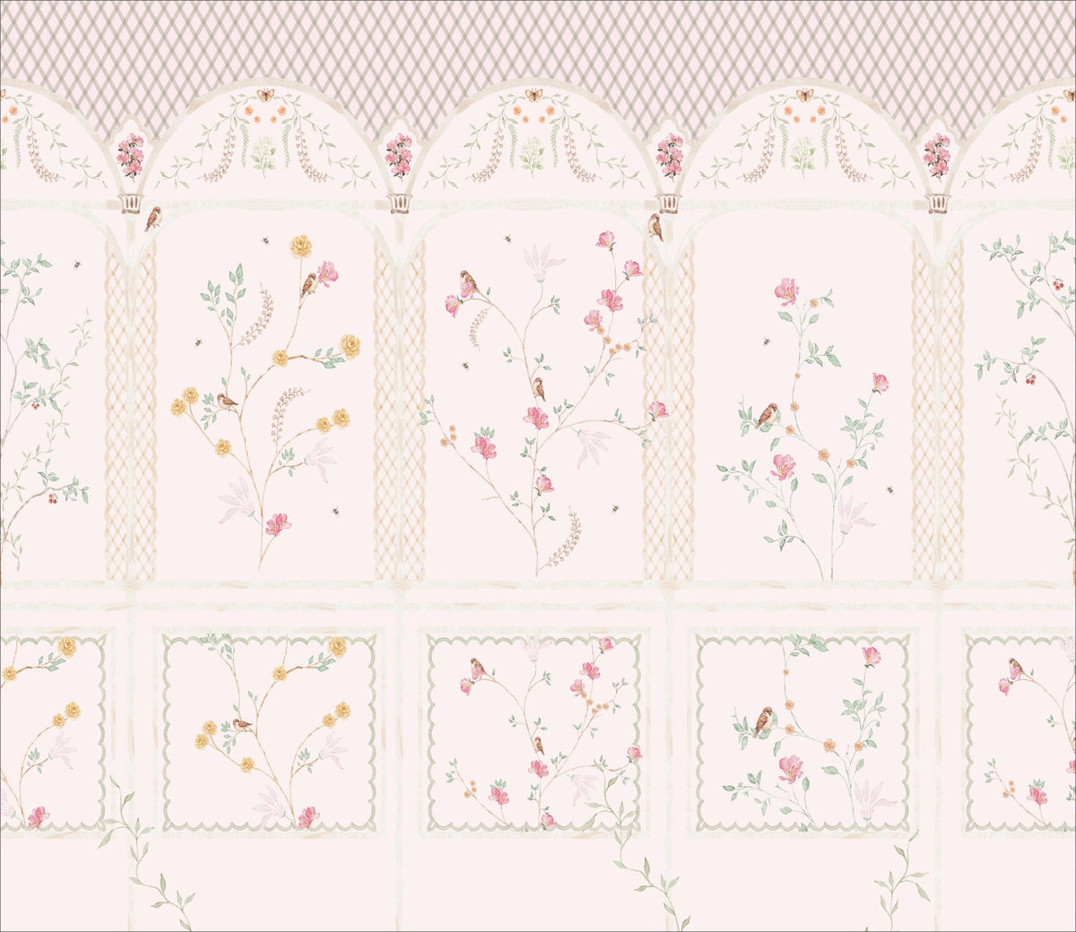 Papel de Parede infantil jardim encantado boiserie arcos