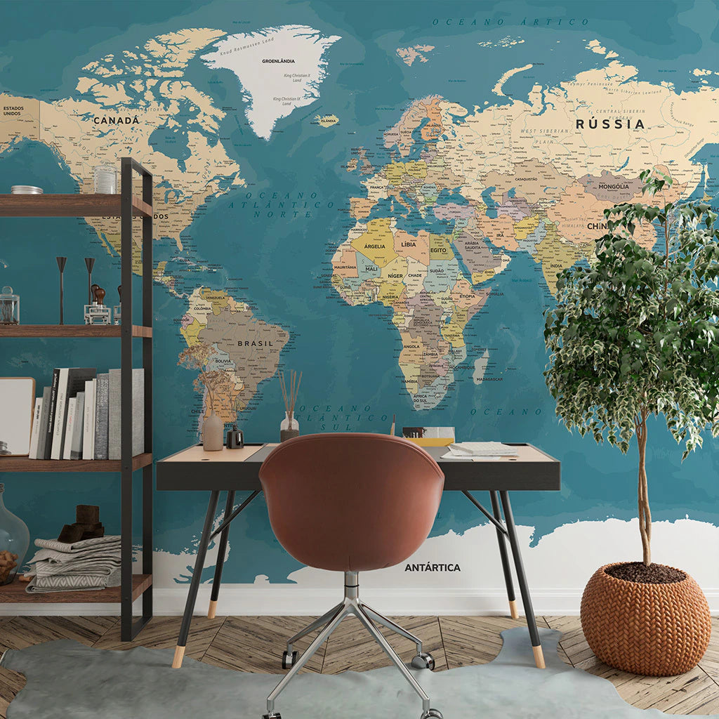 Papel de Parede Non Woven Mapa do Mundo Azul