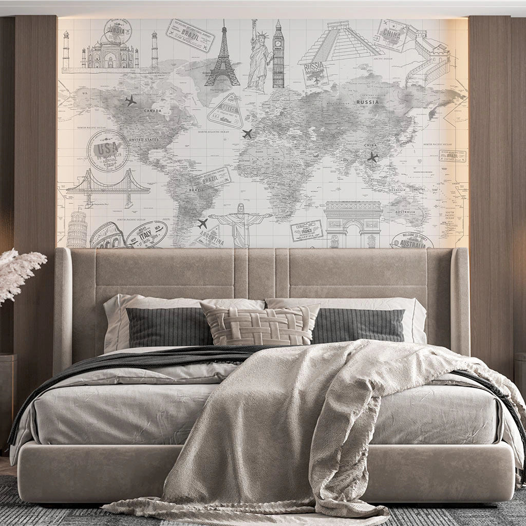 Papel de Parede Non Woven Mapa e Conexões Grafite