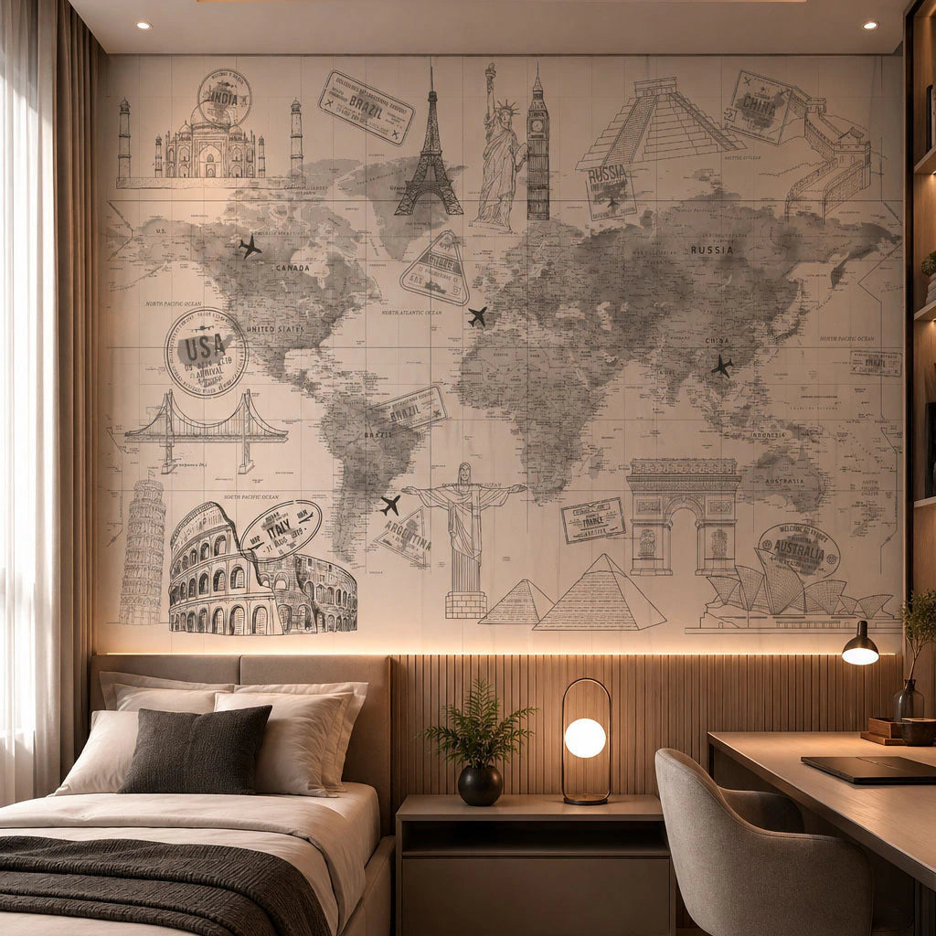 Papel de Parede Non Woven Mapa e Conexões Grafite