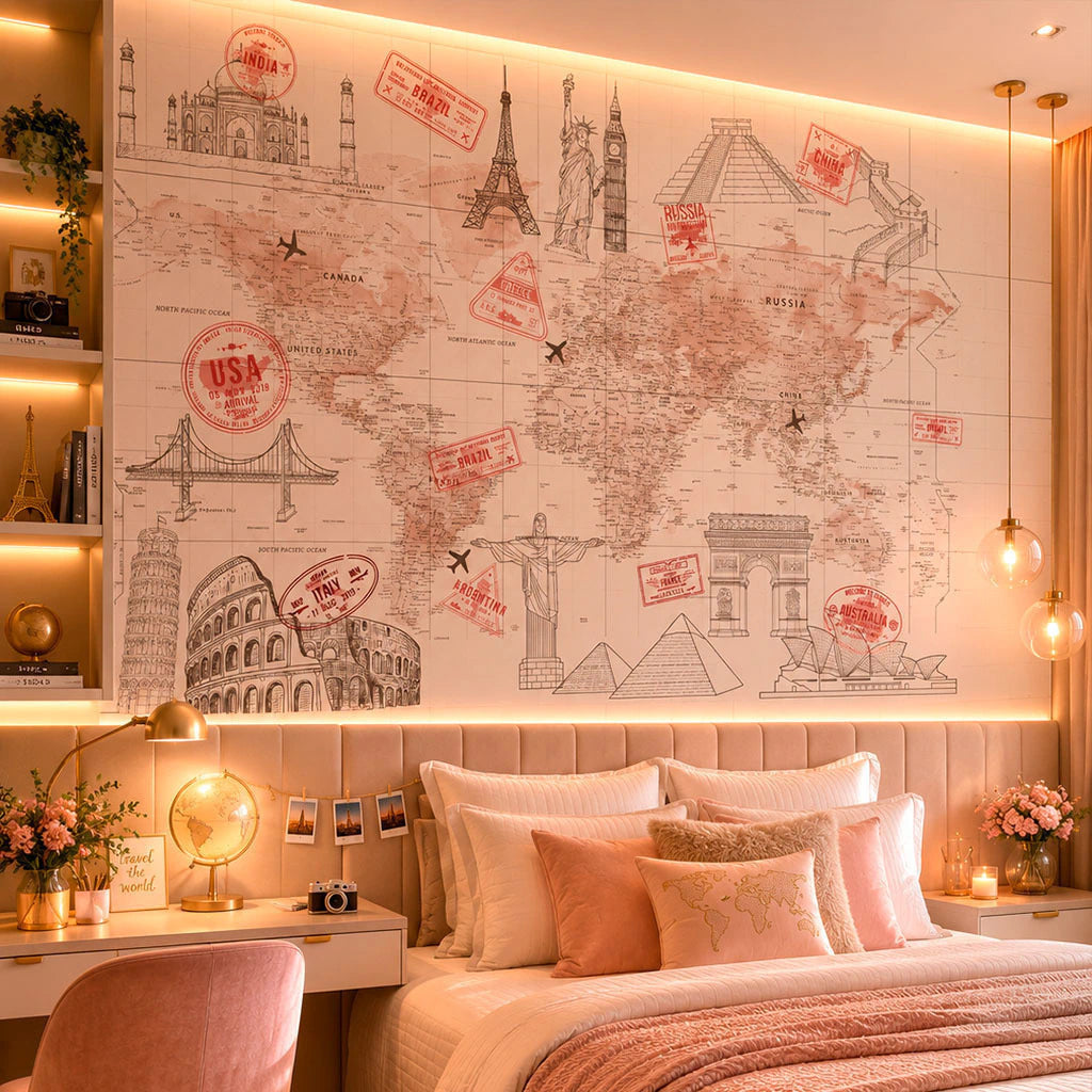Papel de Parede Non Woven Mapa e Conexões Rose