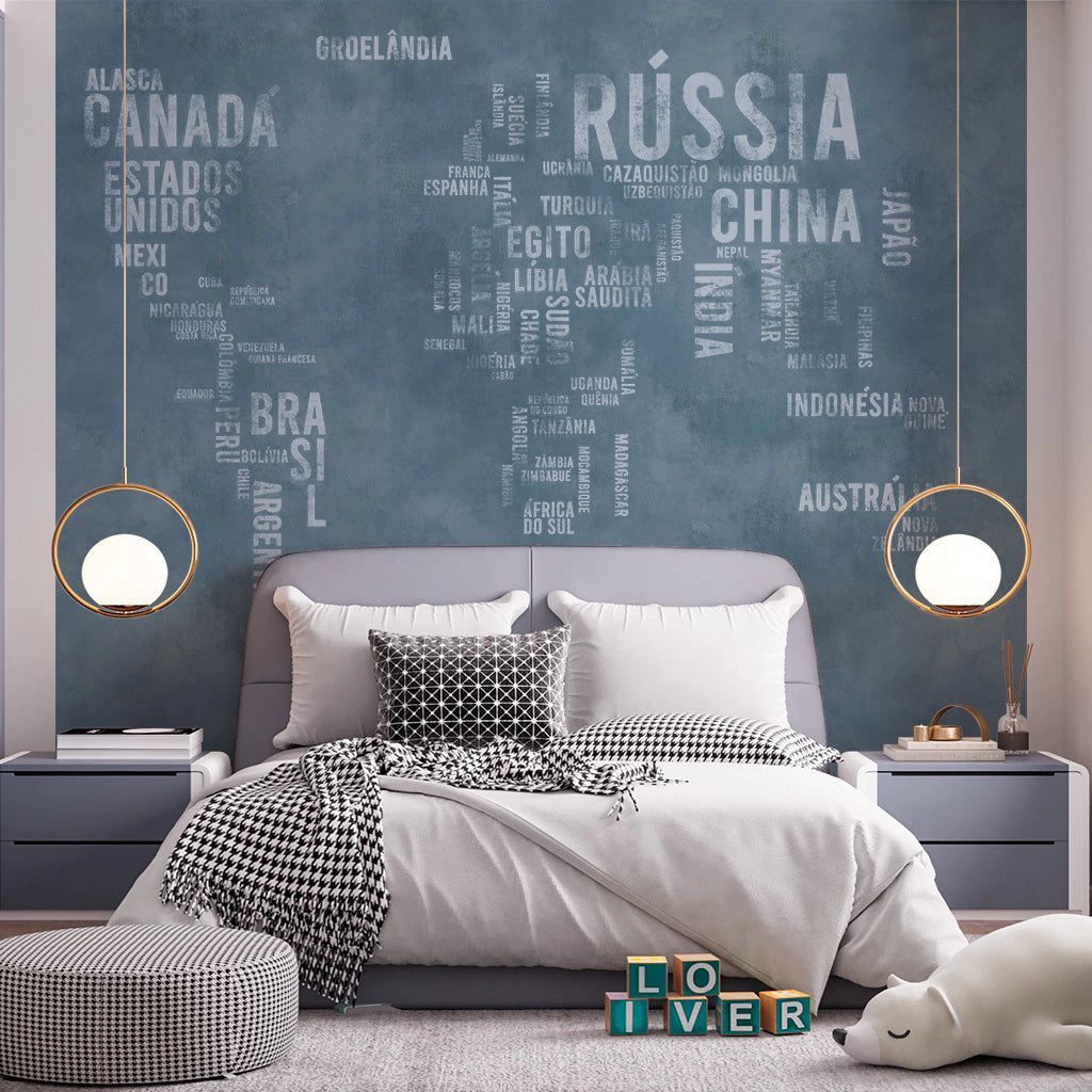 Papel de Parede Non Woven Mapa Mundi Cimento Queimado Azul
