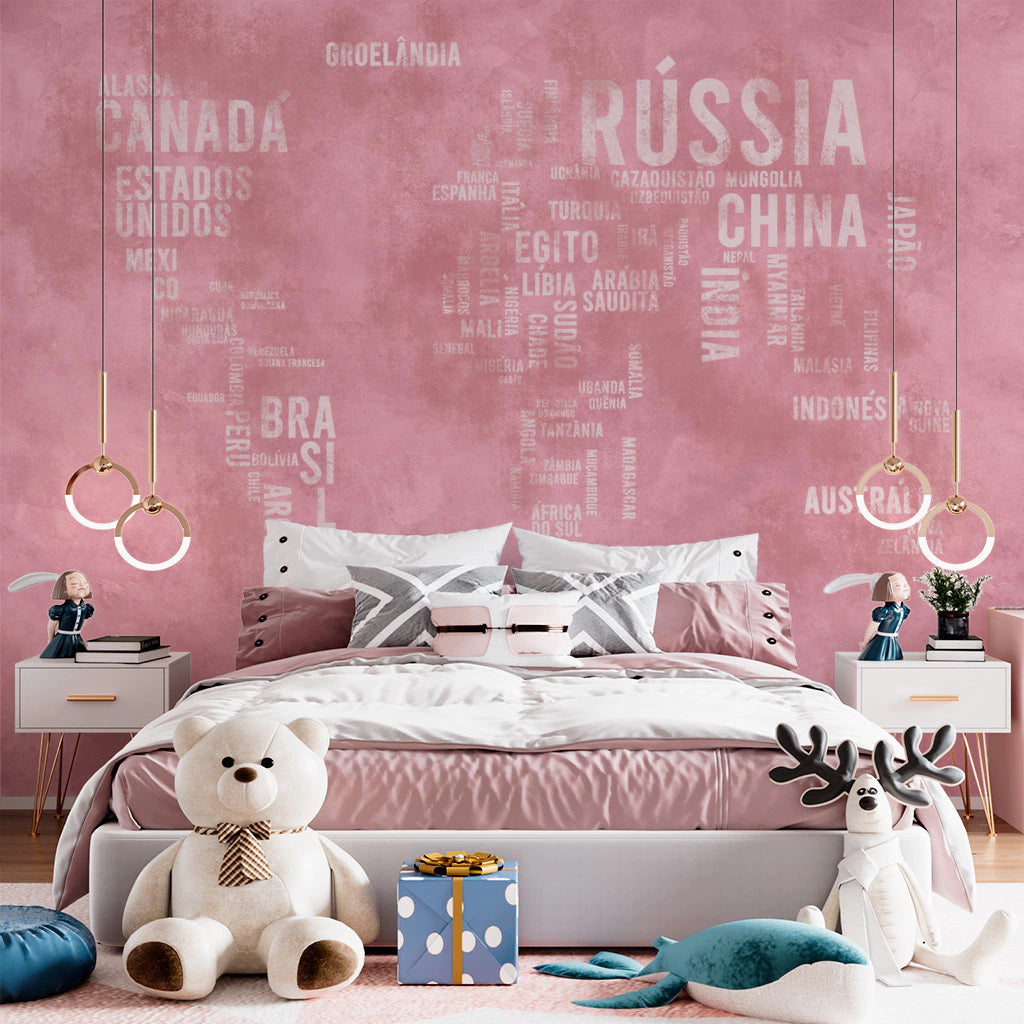 Papel de Parede Non Woven Mapa Mundi Cimento Queimado Rosa