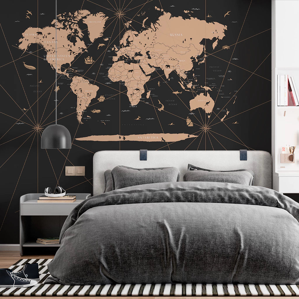 Papel de Parede Non Woven Mapa Mundi Preto
