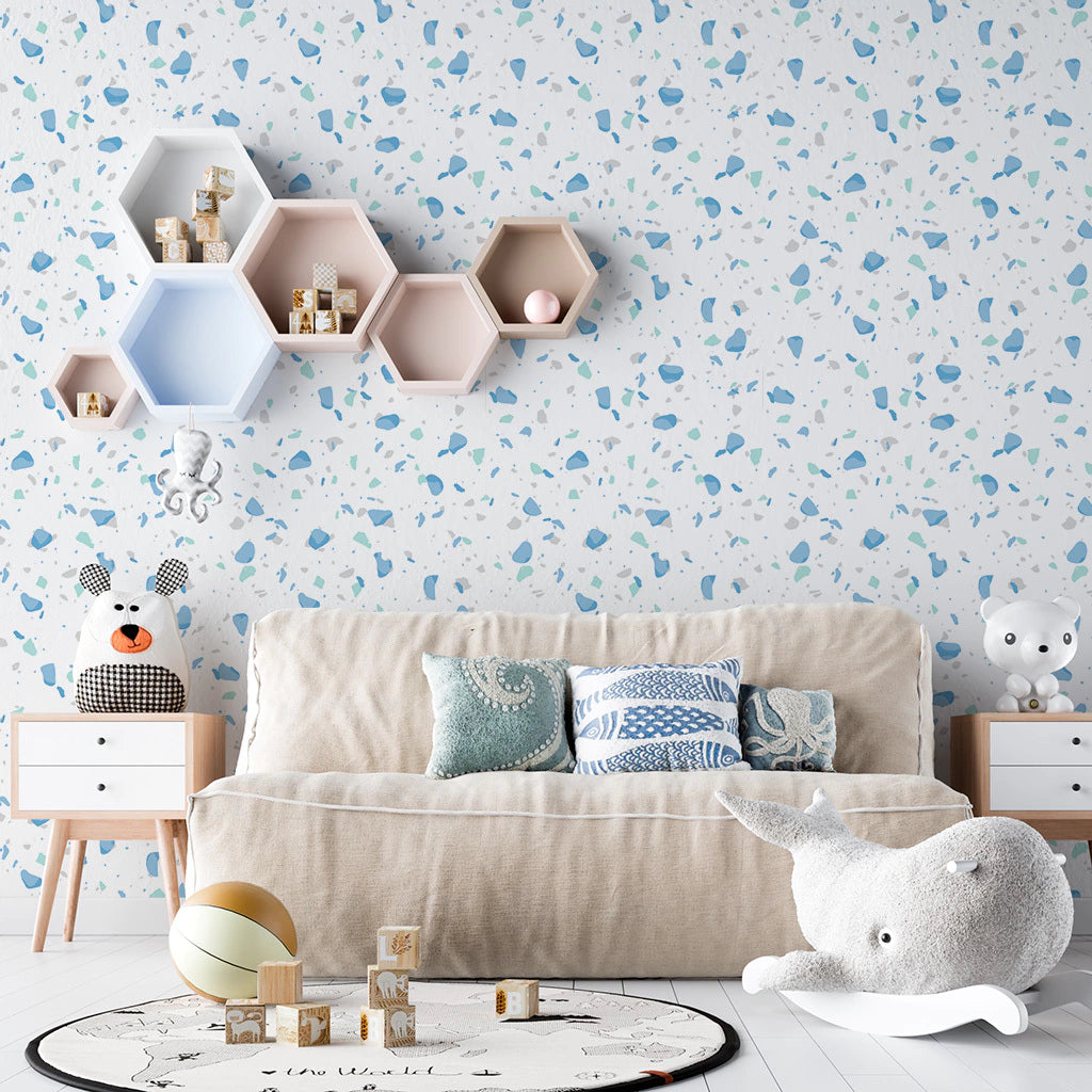 Papel de Parede Non Woven Terrazzo Clean Azul e Tiffany